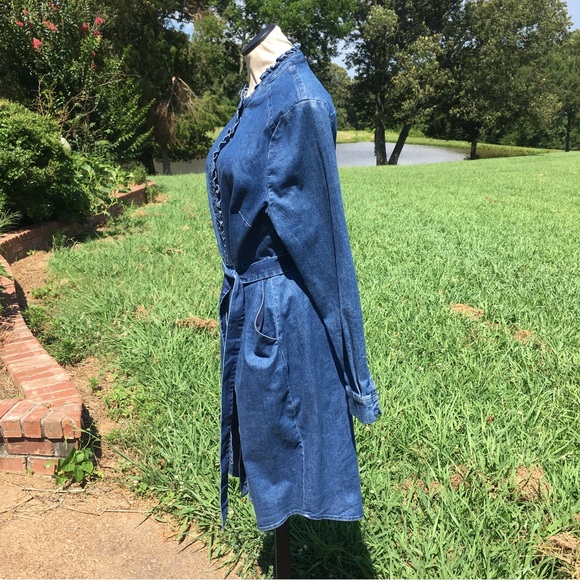 Biden Ruffle Collar & Trim Button Down Denim Shirt Dress Sz 16R - Picture 7 of 10
